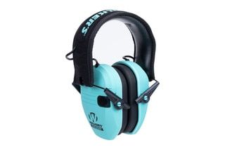 Walker's Razor Slim Electronic Muffs feature Light Teal cups with a black logo